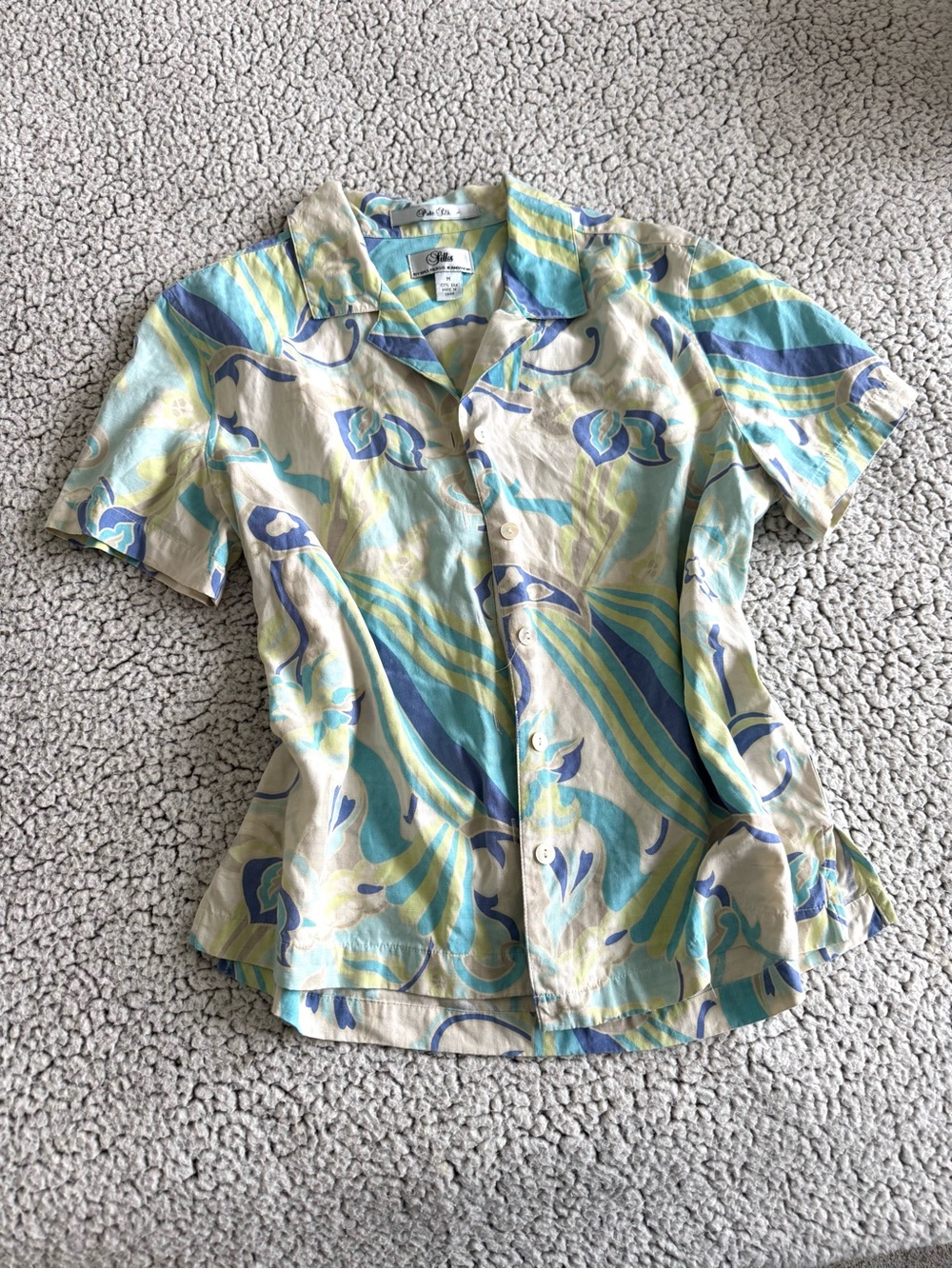 Vintage Printed Button-Up Silk Blouse